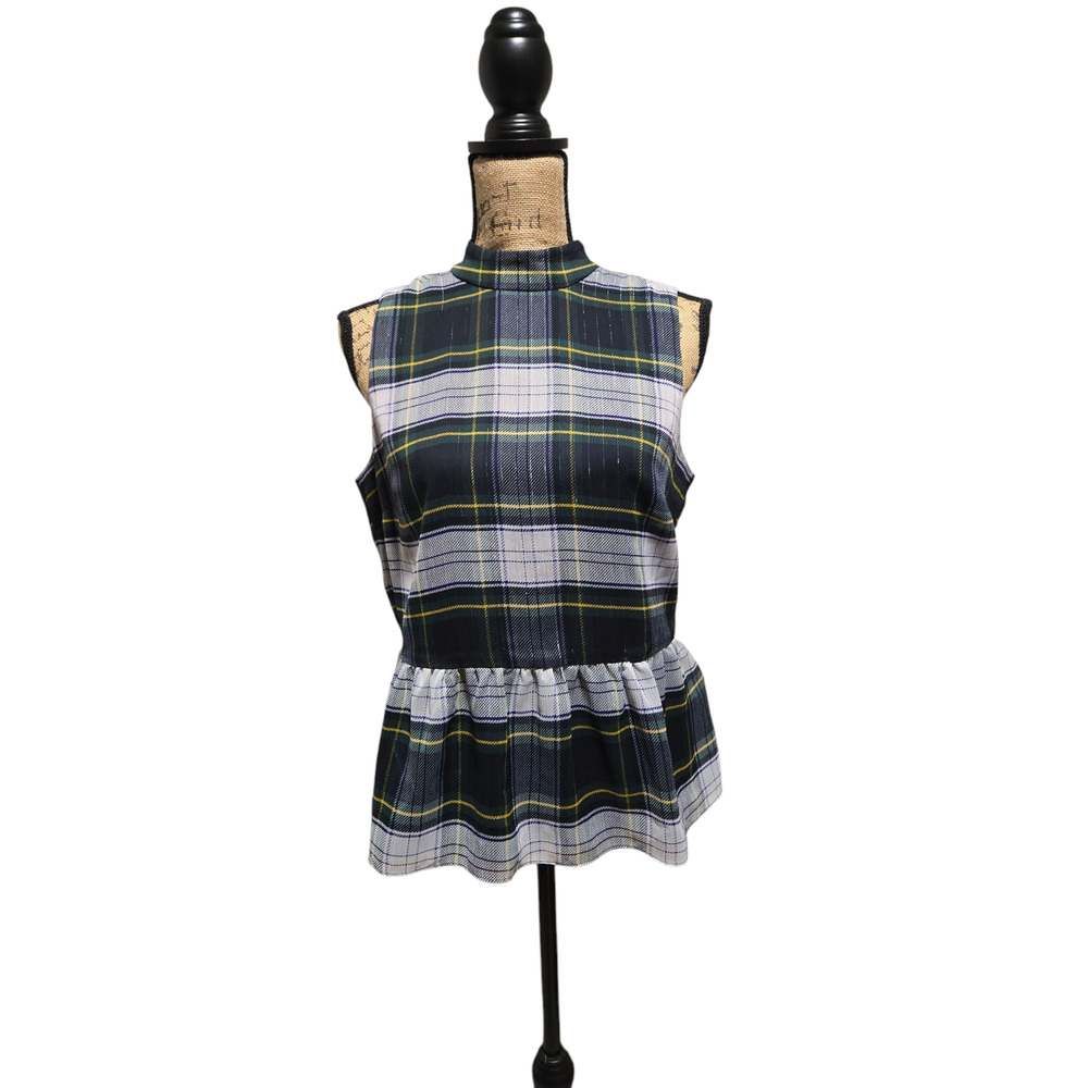 J Crew plaid black green and white sleeveless top with peplum, size small